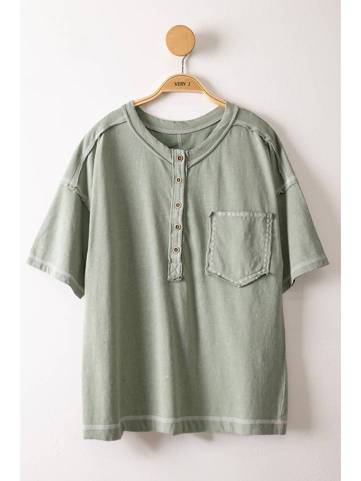 Olive Henley Pocket Knit Top