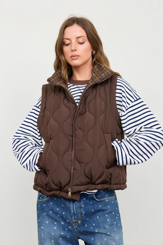 Plaid Collar Quilted Zip-Up Vest