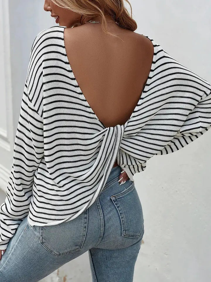 Striped Backless Crossover Sweater