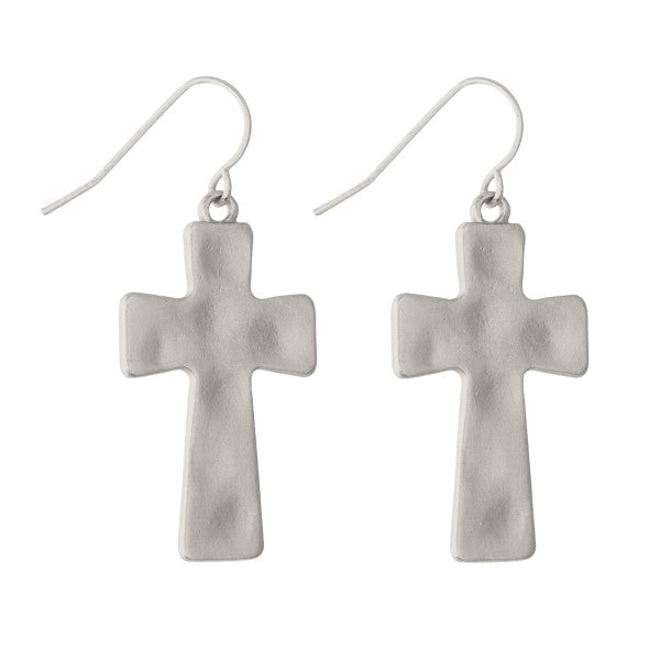 Matte Silver Hammered Cross Drop Earrings.
