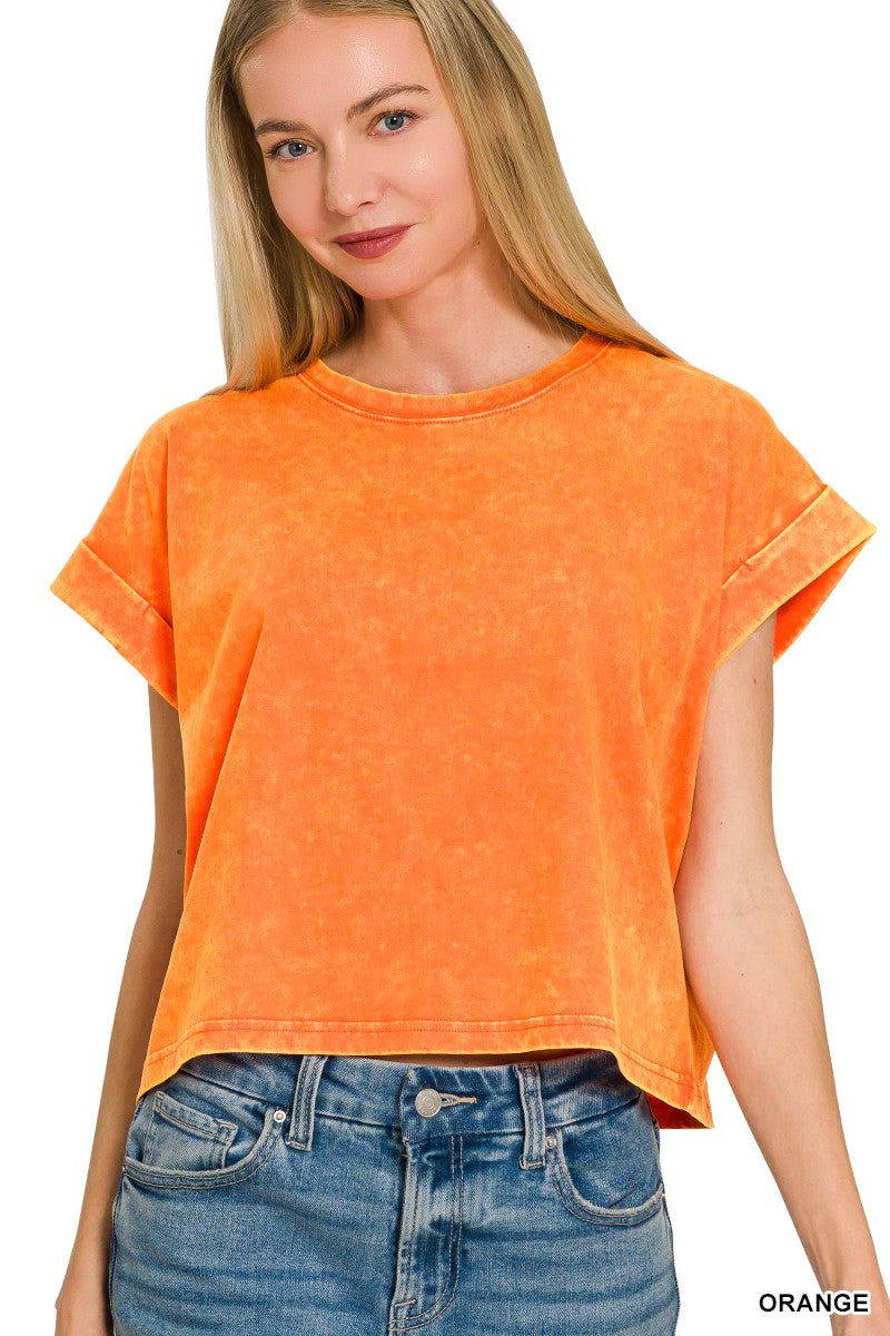 Washed Cotton Cuffed Short Sleeve Top - Orange