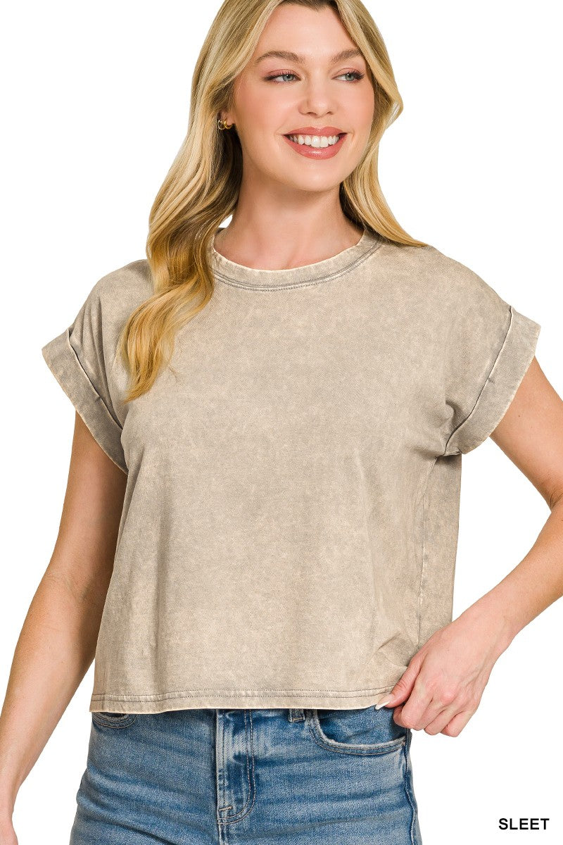 Washed Cotton Cuffed Short Sleeve Top