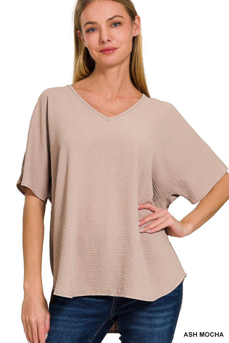 Woven Airflow V-neck Short Sleeve Top - Ash Mocha