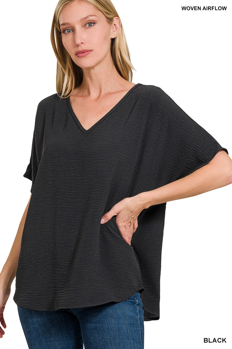 Woven Airflow V-neck Short Sleeve Top - Black