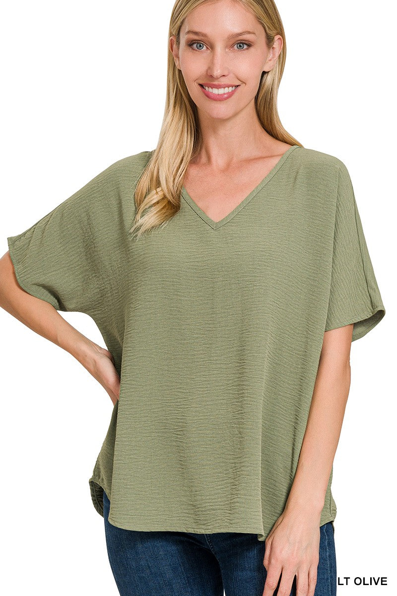 Woven Airflow V-neck Short Sleeve Top - Light Olive