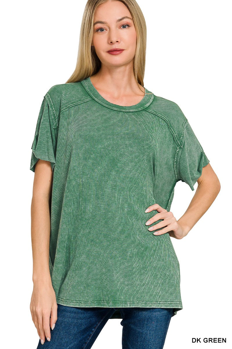 Washed Ribbed Short Sleeve Boat-neck Top - Black