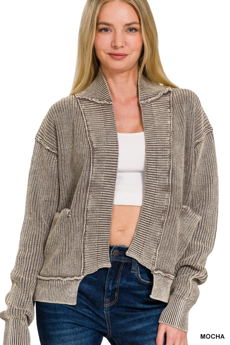 Washed Dropped Shoulder Cardigan W Side Pockets