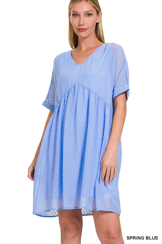Blue Swiss Dot Babydoll V-Neck Short Sleeve Dress