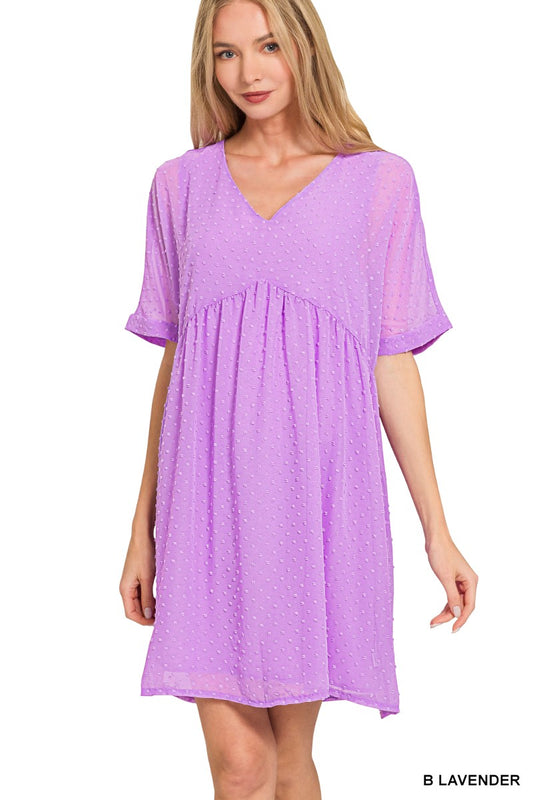 Lavender Swiss Dot Babydoll V-Neck Short Sleeve Dress