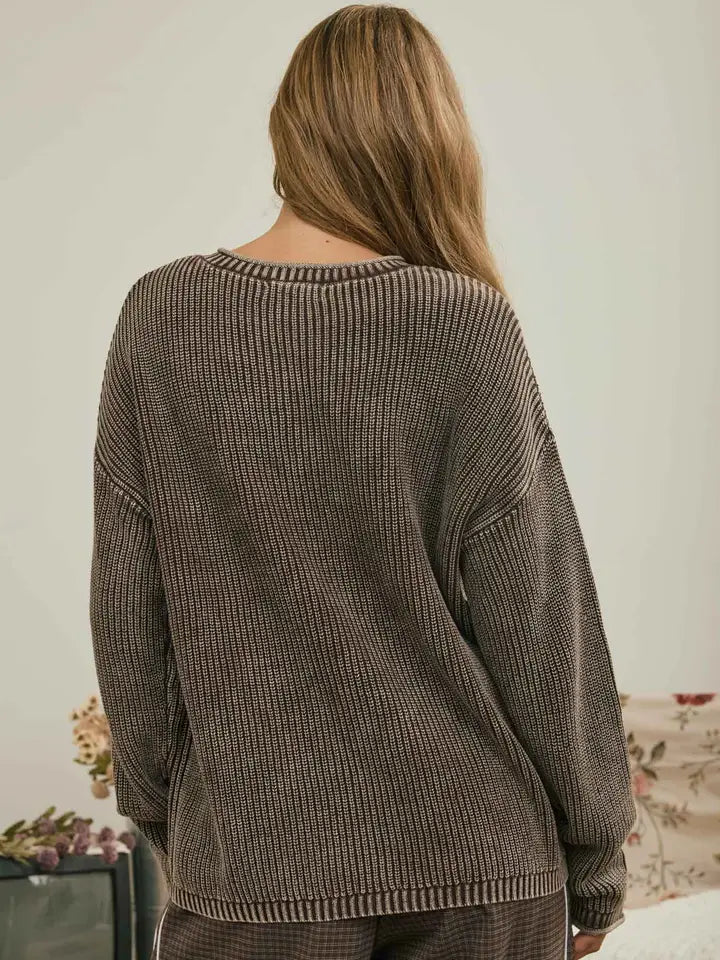 Washed Knit Sweater - Dark Brown