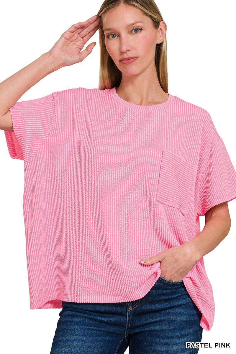 Raised Rib Short Sleeve Front Pocket Top - Pink