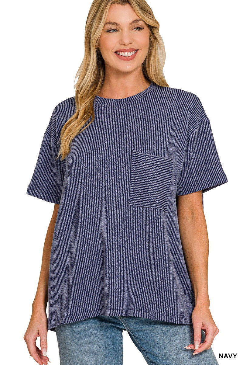 Rib Short Sleeve Front Pocket Top - Navy