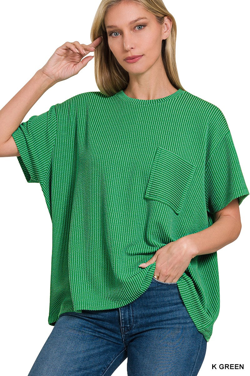 Raised Rib Short Sleeve Front Pocket Top -Kelly Green