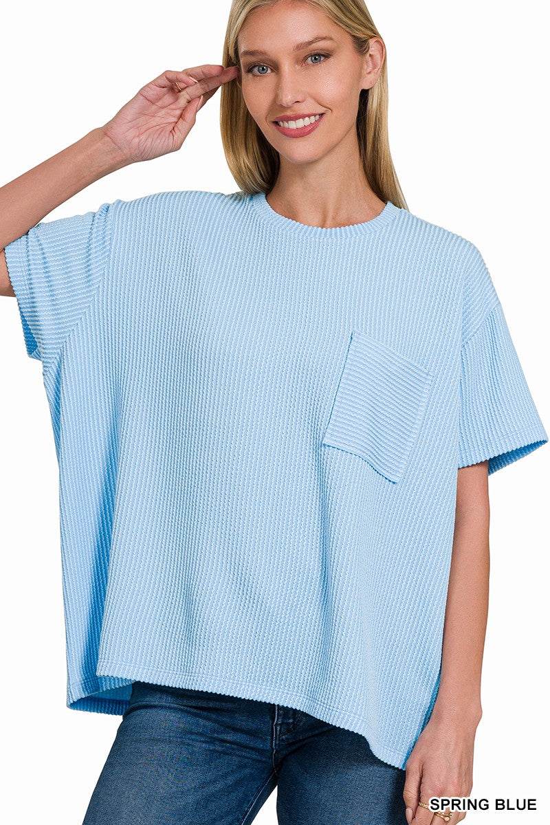 Raised Rib Short Sleeve Front Pocket Top - Spring Blue