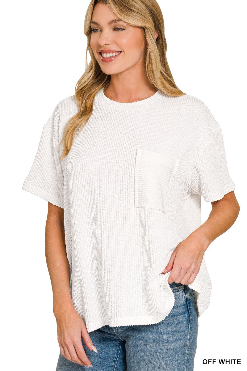 Rib Short Sleeve Front Pocket Top - Off-White