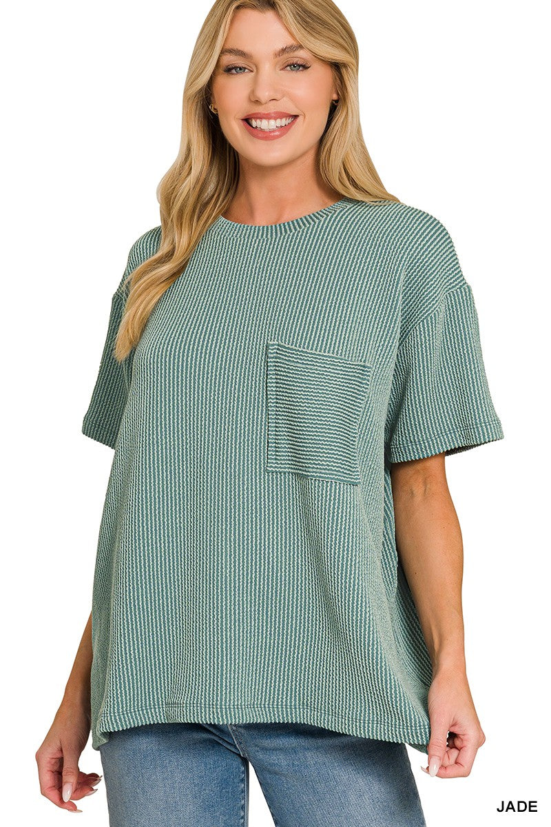 Rib Short Sleeve Front Pocket Top - Jade