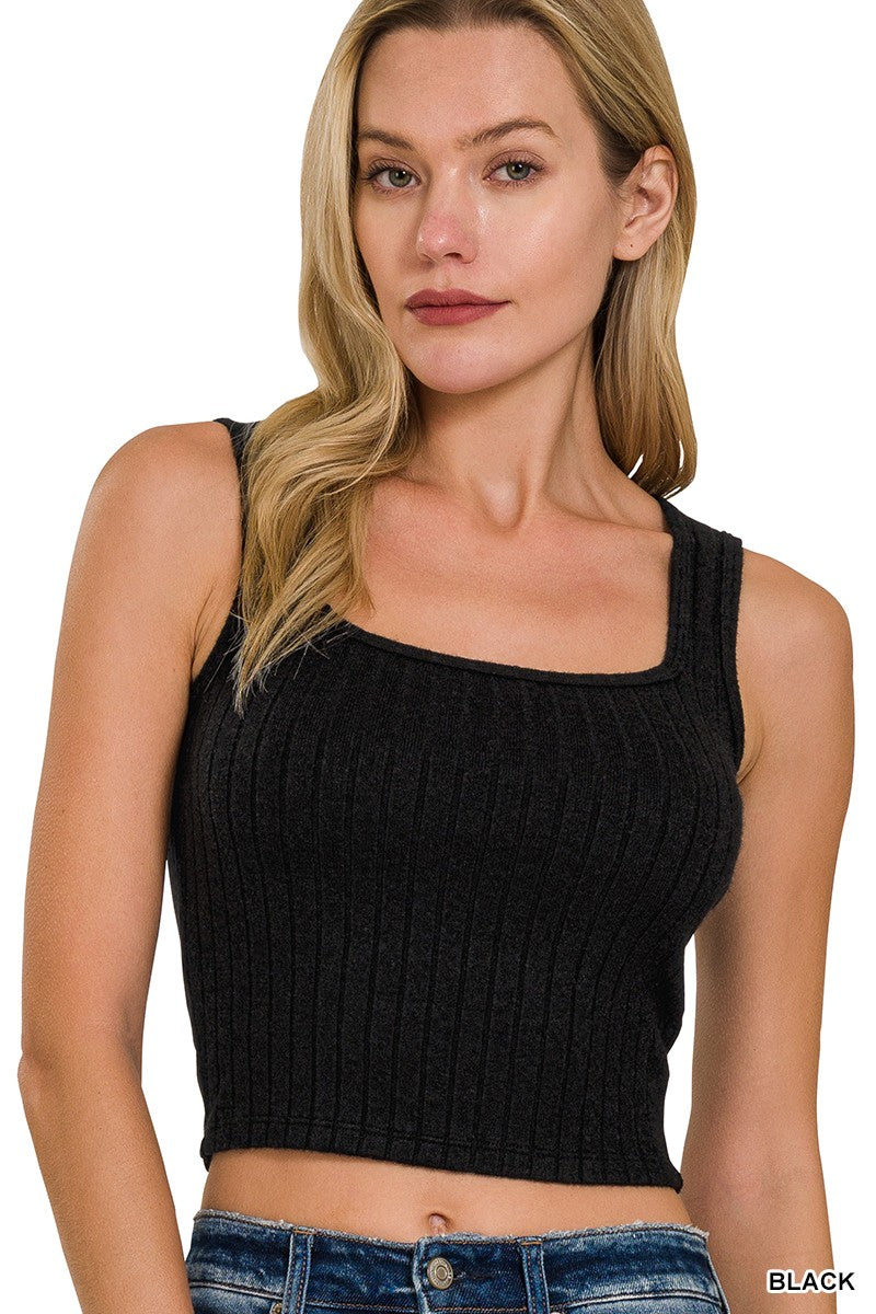 Black Ribbed Square Neck Cropped Sleeveless Top