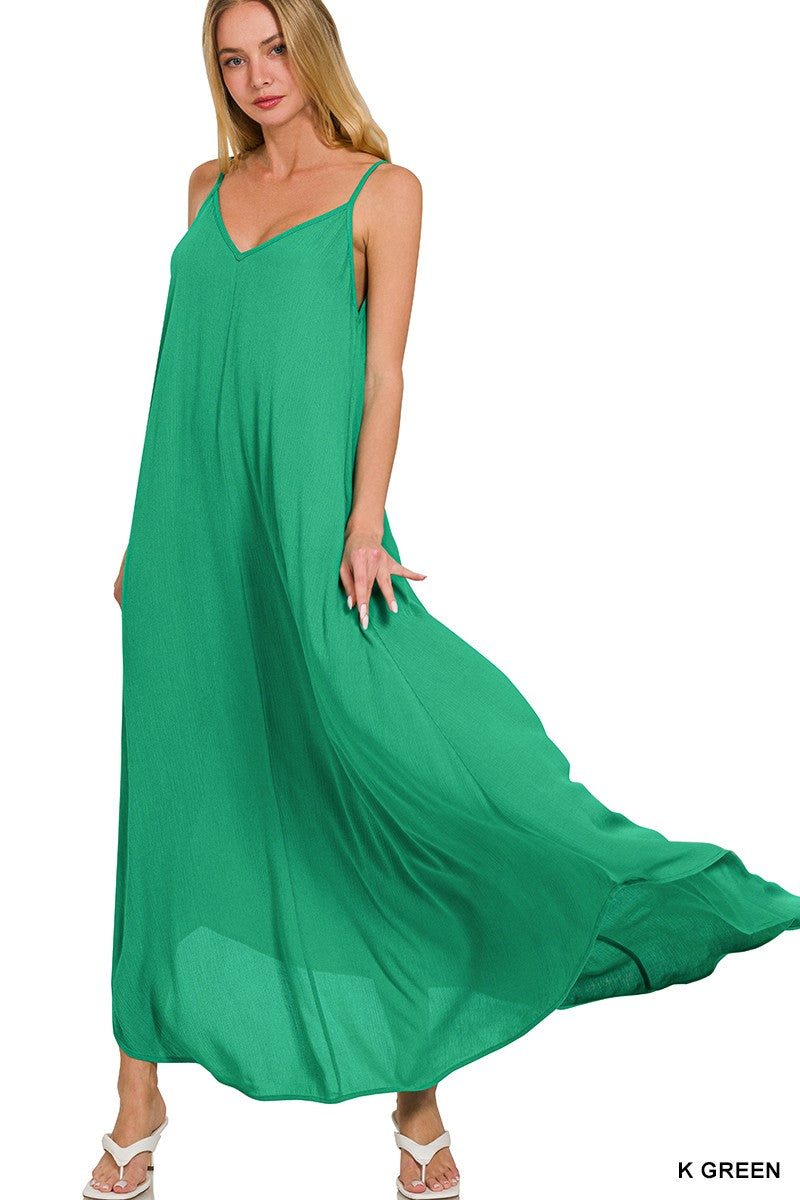 Kelly Green Woven Crinkle Cami Maxi Dress w/Pockets
