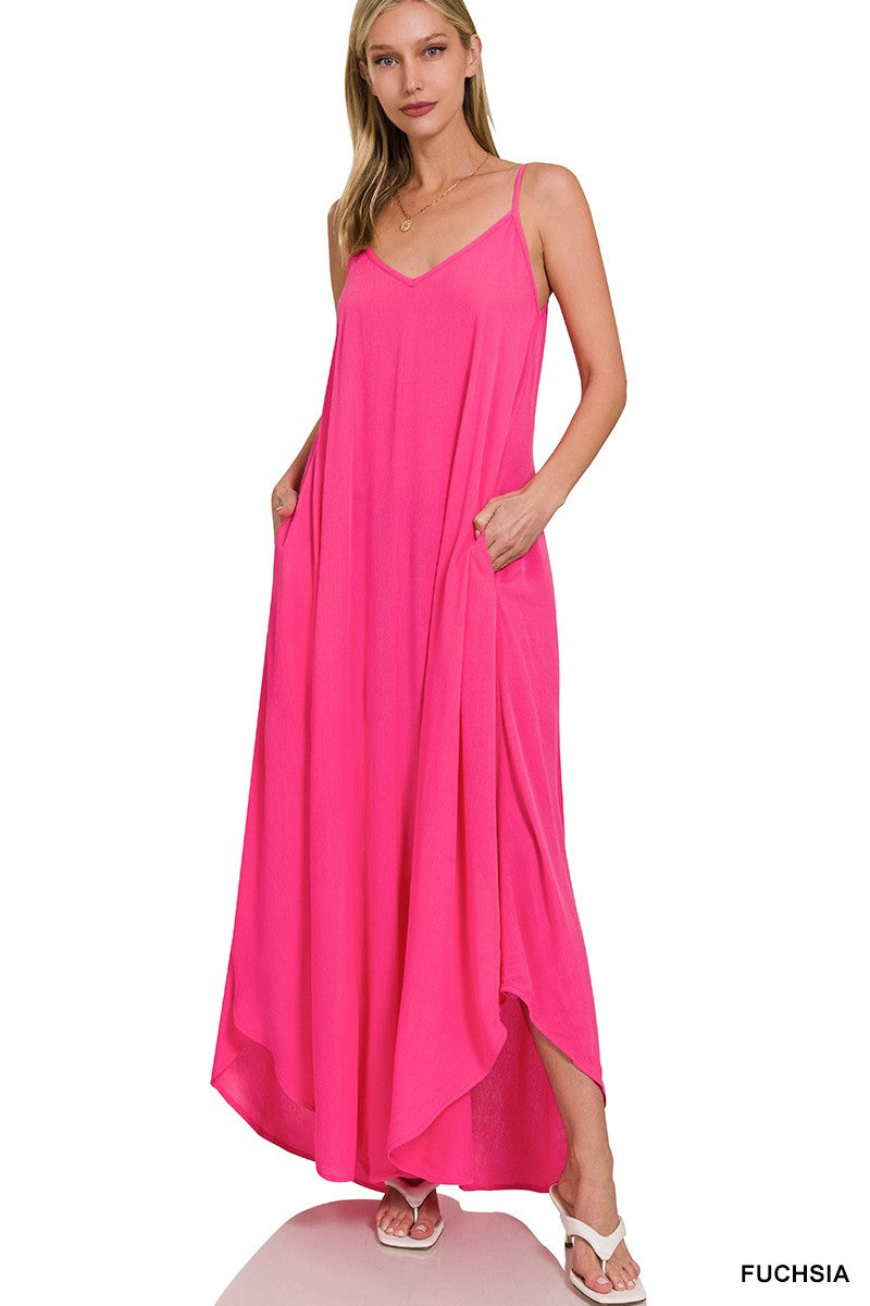 Fuchsia Woven Crinkle Cami Maxi Dress w/Pockets