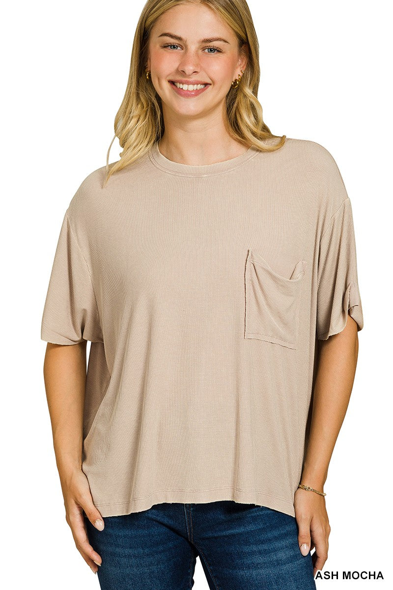Washed Ribbed Cuffed Short Sleeve Round Neck Top - Ash Mocha