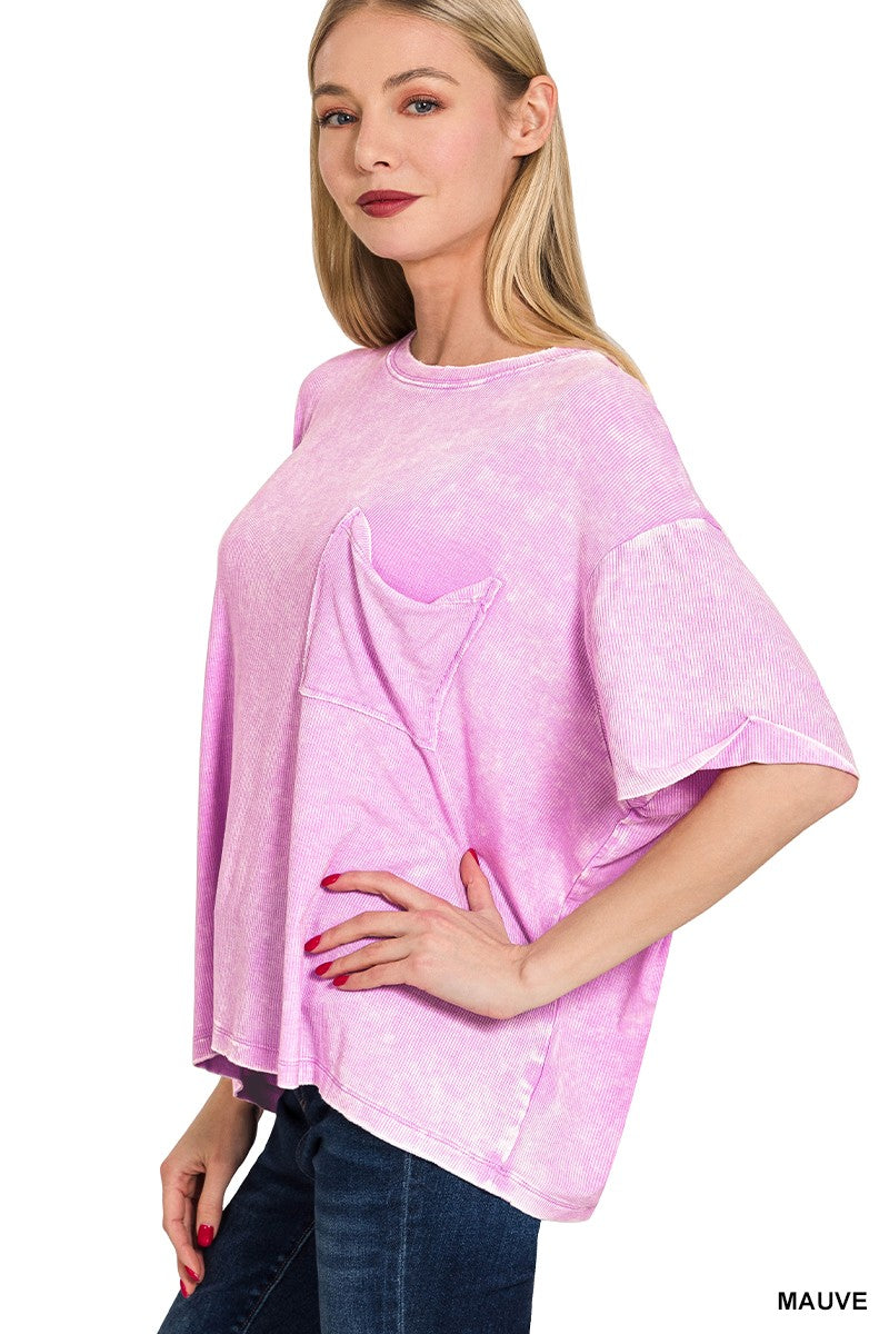 Washed Ribbed Cuffed Sleeve Top Mauve