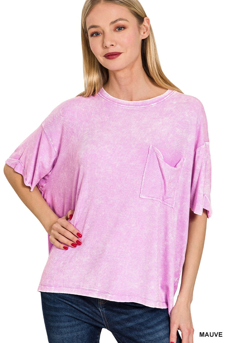 Washed Ribbed Cuffed Sleeve Top Mauve