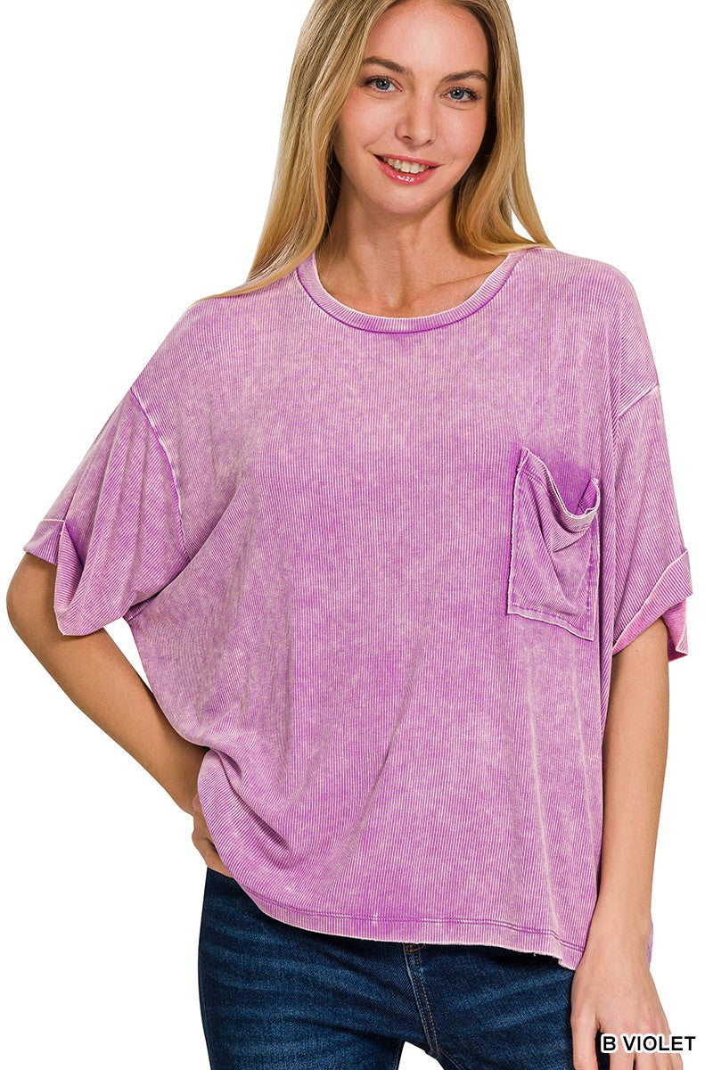 Washed Ribbed Cuffed Short Sleeve Round Neck Top - Violet