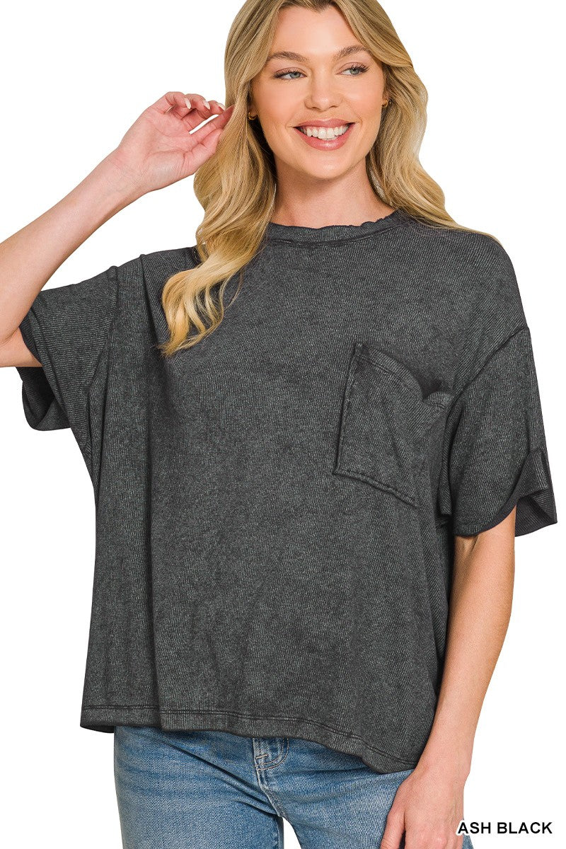 Washed Ribbed Cuffed Sleeve Top