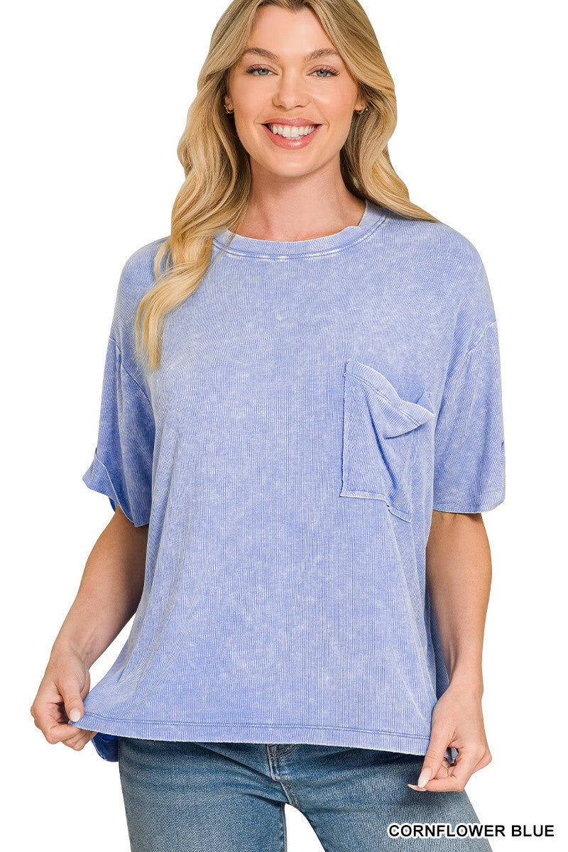 Washed Ribbed Cuffed Sleeve Top Blue