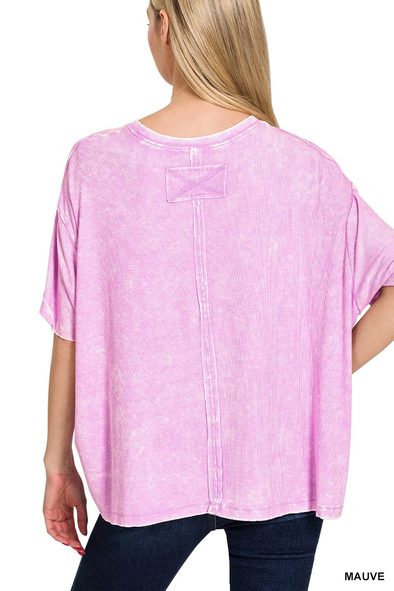 Washed Ribbed Cuffed Sleeve Top Mauve