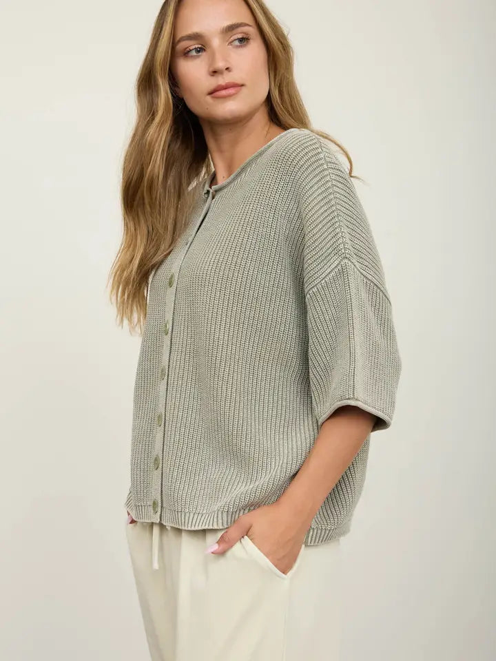 Washed Ribbed Short Sleeve Rolled Edge Cardigan
