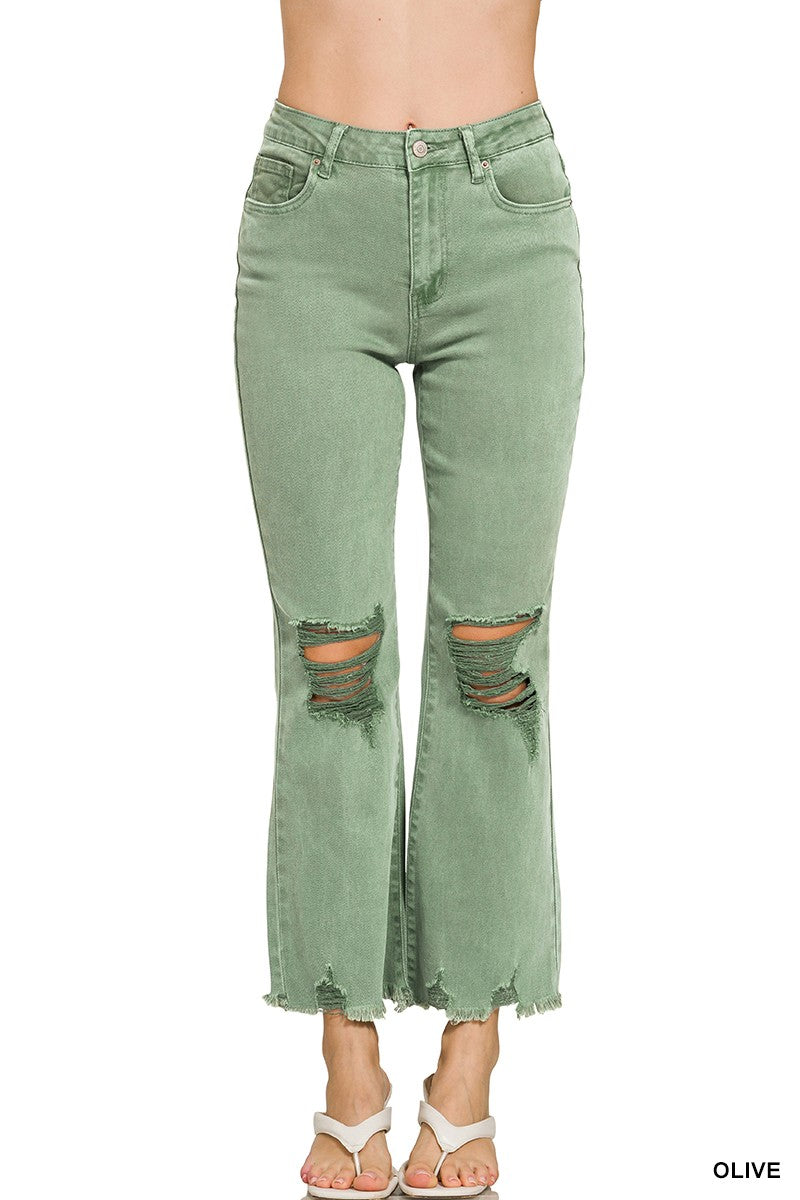 Acid Washed High Waist Distressed Straight Pants - Olive