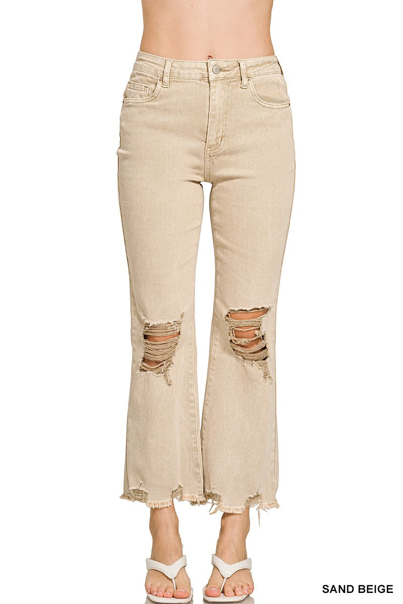 Acid Washed High Waist Distressed Straight Pants - Sand Beige