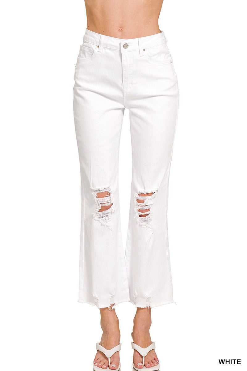 Acid Washed High Waist Distressed Straight Pants