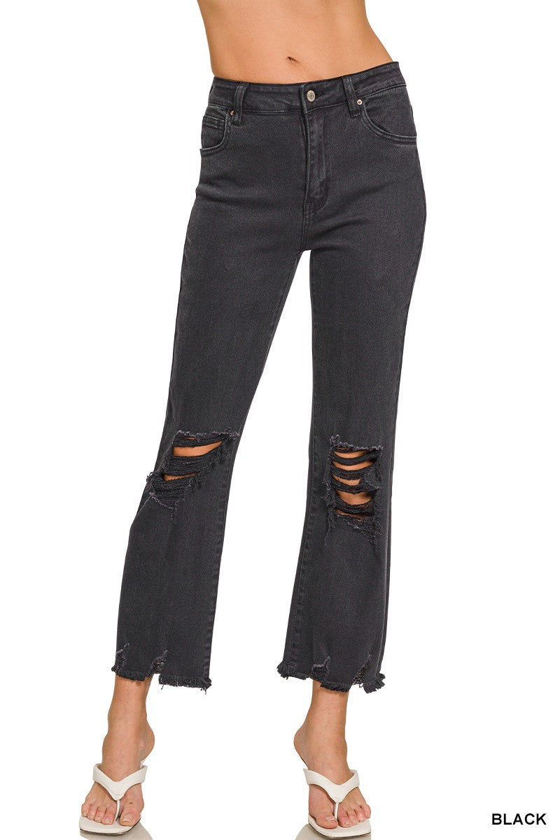 Acid Wash High Waist Distressed Straight Pants - Black