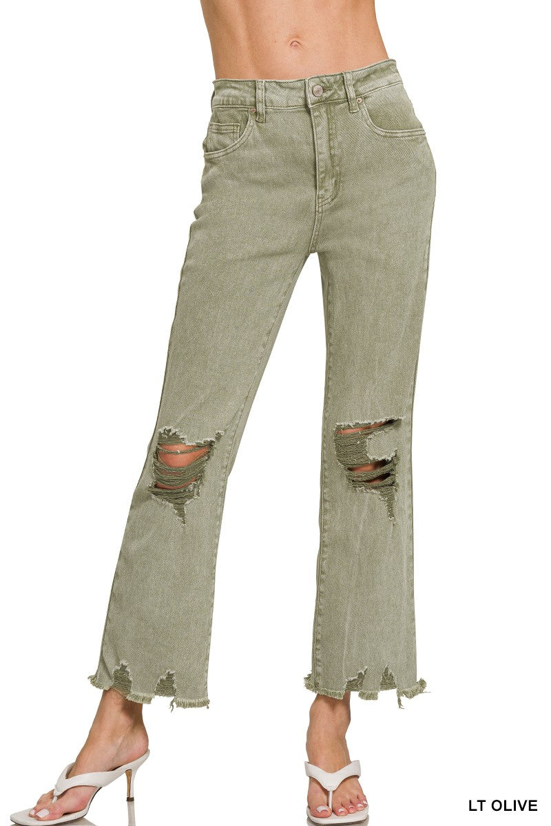 Acid Washed High Waist Distressed Straight Pants - Light Olive