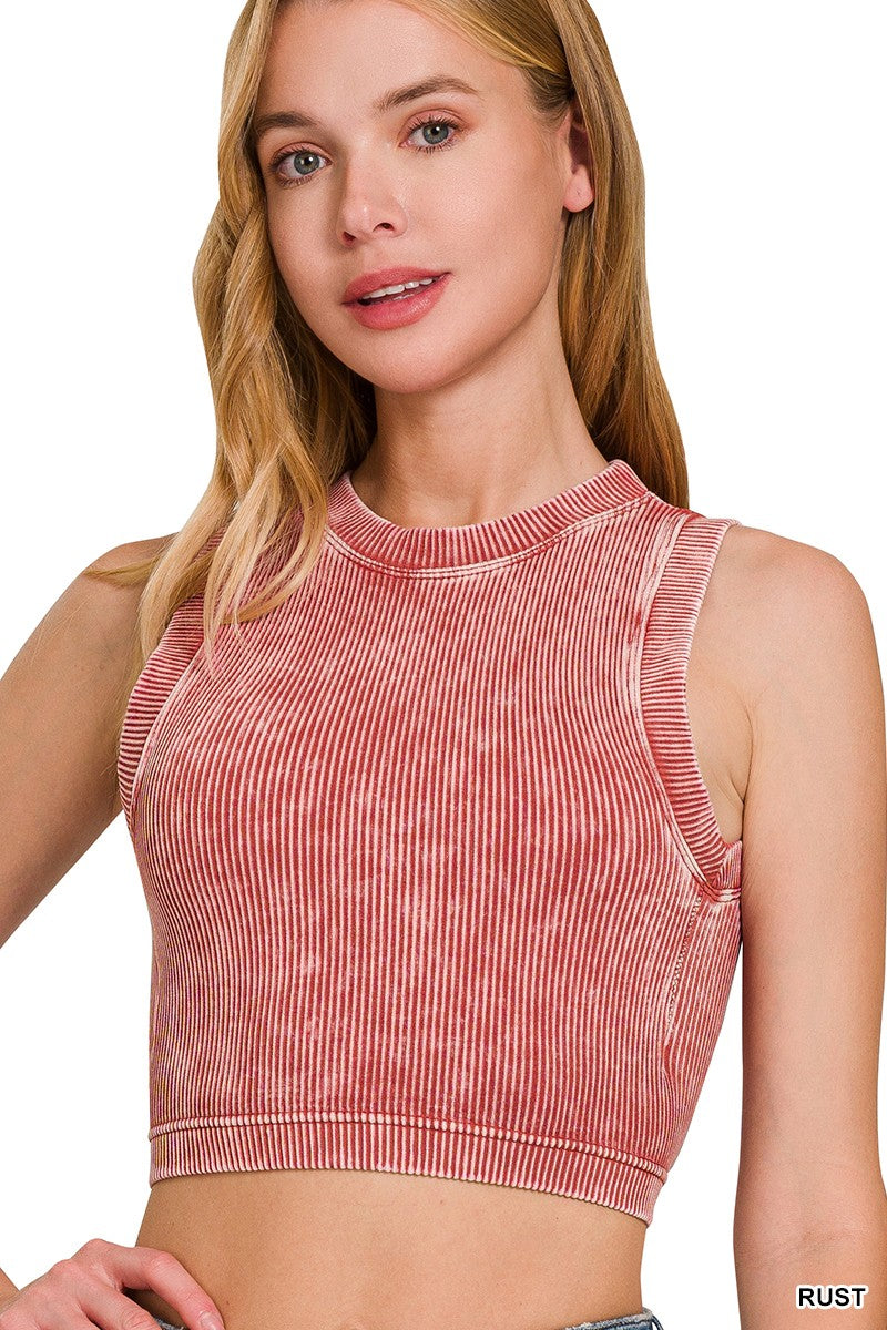 Stone Washed Ribbed Seamless Crop Top - Rust