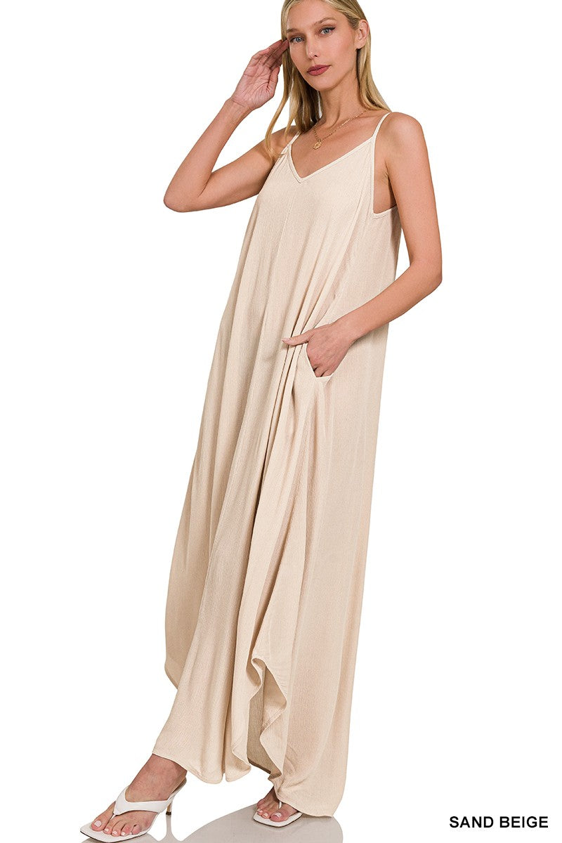 Woven Crinkle Cami Maxi Dress W Side Pockets - Sandy Beige