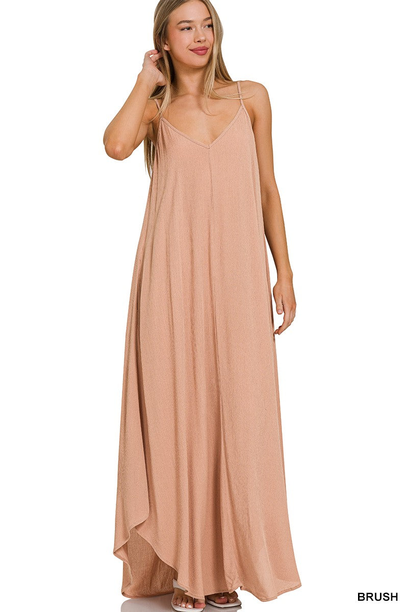 Woven Crinkle Cami Maxi Dress W Side Pockets - Brush