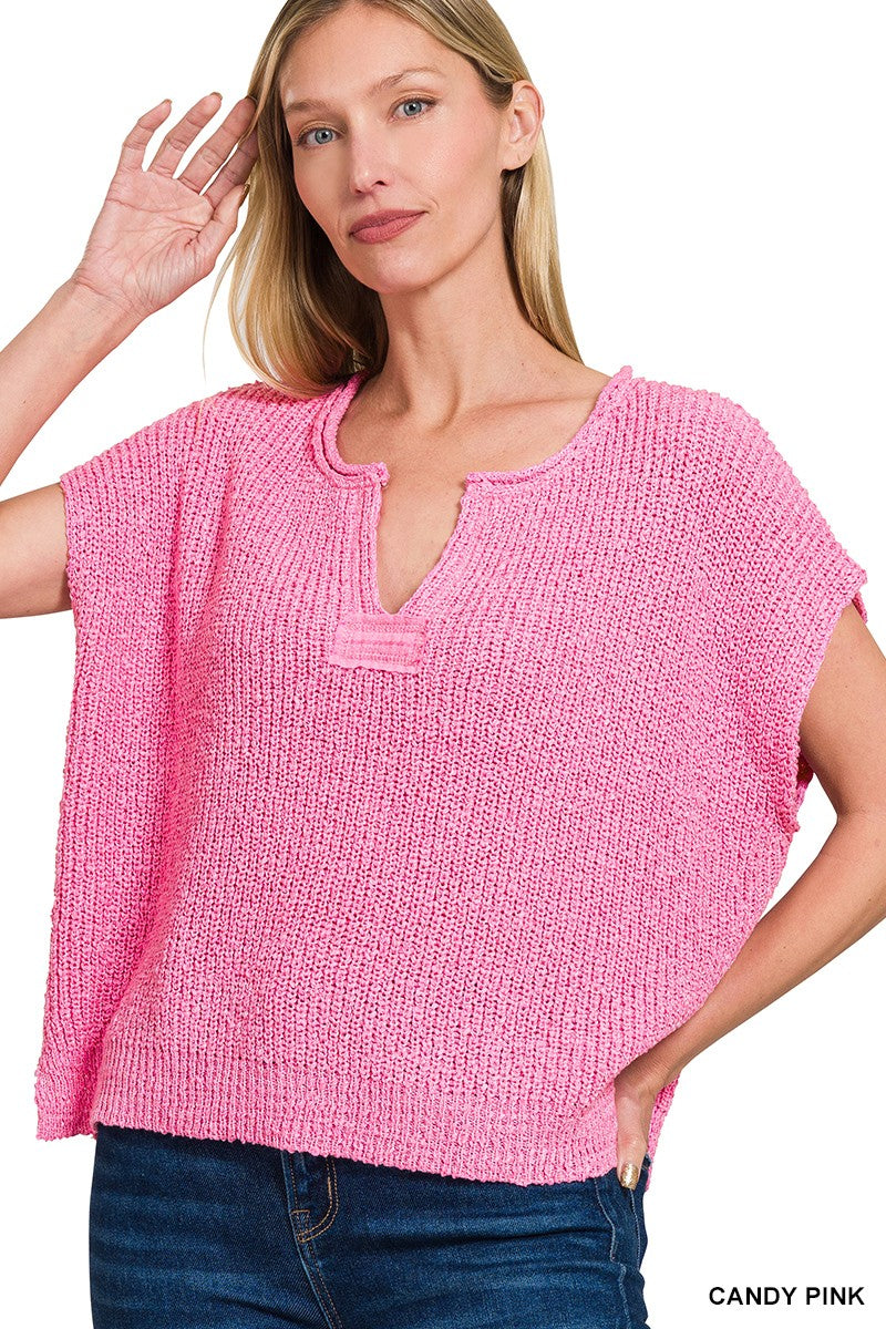 Split Neck Sleeveless Sweater Pink