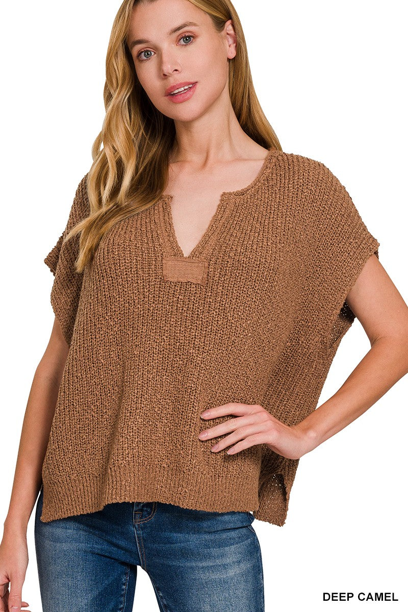 Camel Split-neck Side Slit Pullover