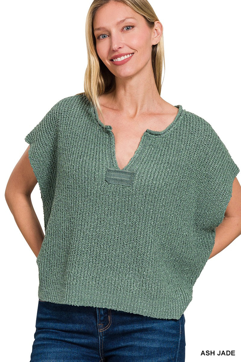 Back Patch Rolled Split-neck Side Slit Pullover - Ash Jade