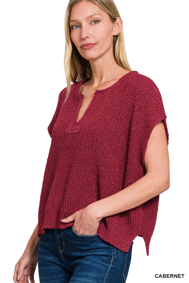 Back Patch Rolled Split-neck Side Slit Pullover - CABERNET