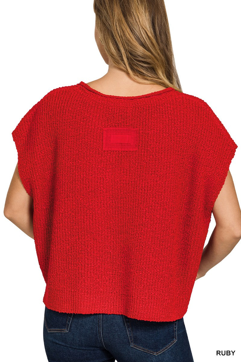 Split Neck Sleeveless Sweater Ruby