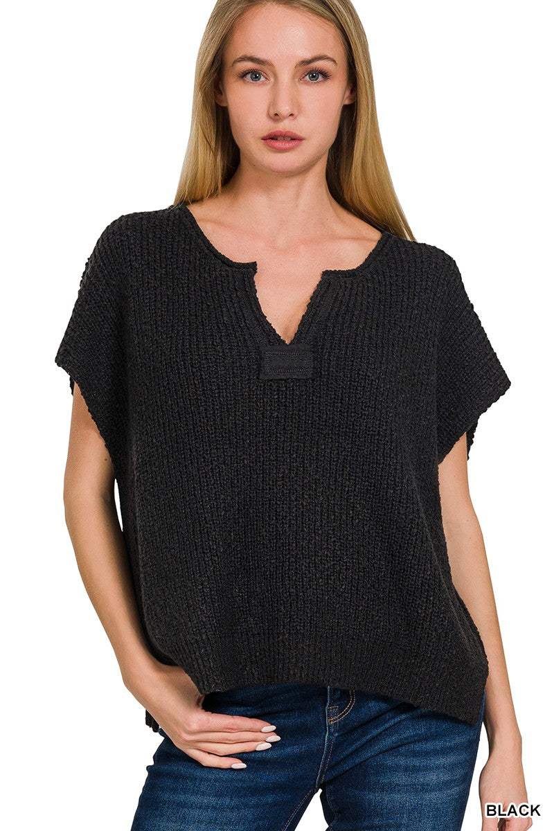 Black Split-neck Side Slit Pullover