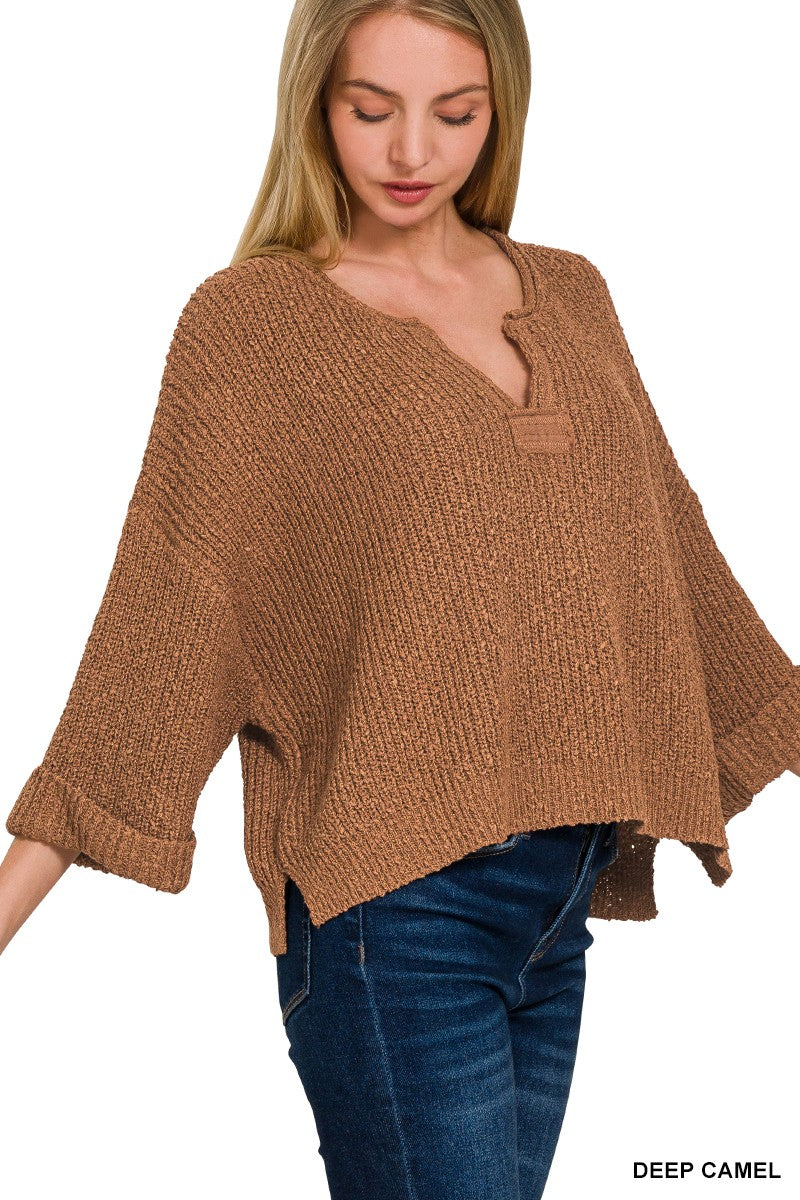 Camel Front Slit Patch Folded Sleeve Pullover