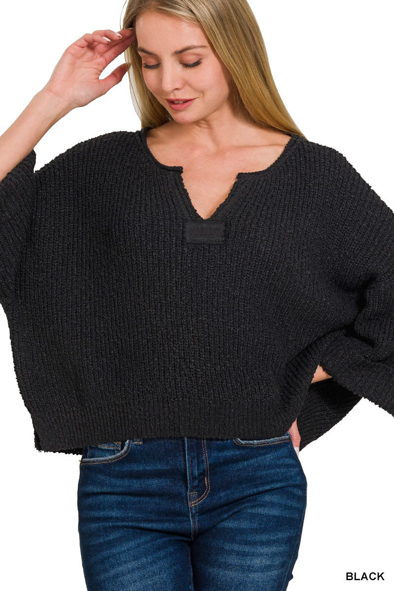 Black Front Slit Patch Folded Sleeve Pullover