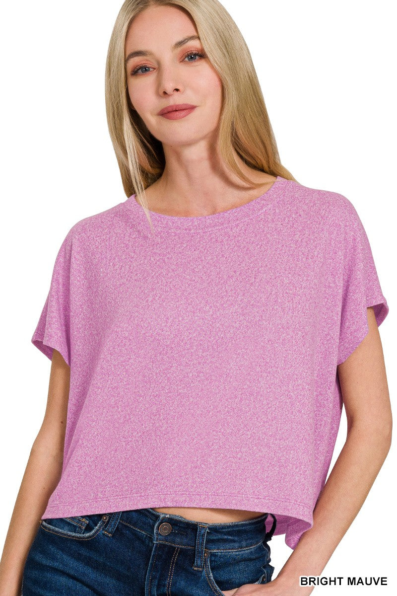 Bright Mauve Soft Melange Short Sleeve Round Neck Cropped Top