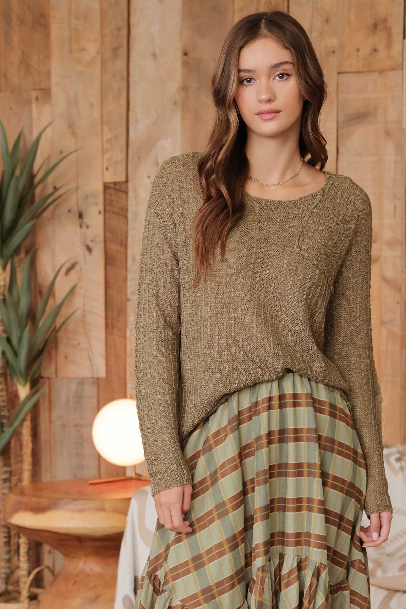 Distressed Patchwork Pullover Knit Sweater - Olive