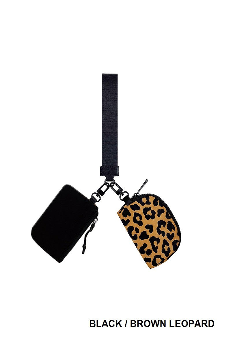 DUAL POUCH WRISTLET KEYCHAIN WALLET-BLACK/BROWN LEOPARD